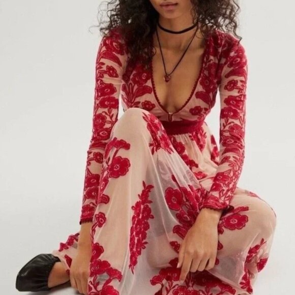 NWT For Love and Lemons Temecula Lace Maxi Dress Red $295